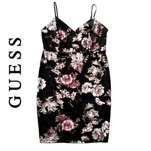 🌹GUESS🌹 Women’s Black and Pink Floral Rose Velvet Elegant Formal Mini Dress